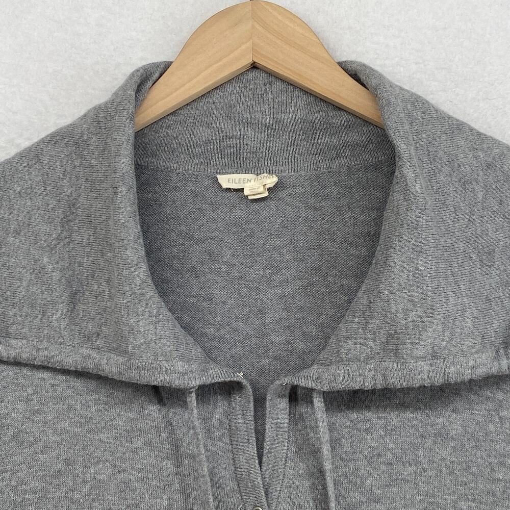 EILEEN FISHER Cardigan L Organic Cotton Snap Front Drawstring Sweater Gray - Picture 3 of 15